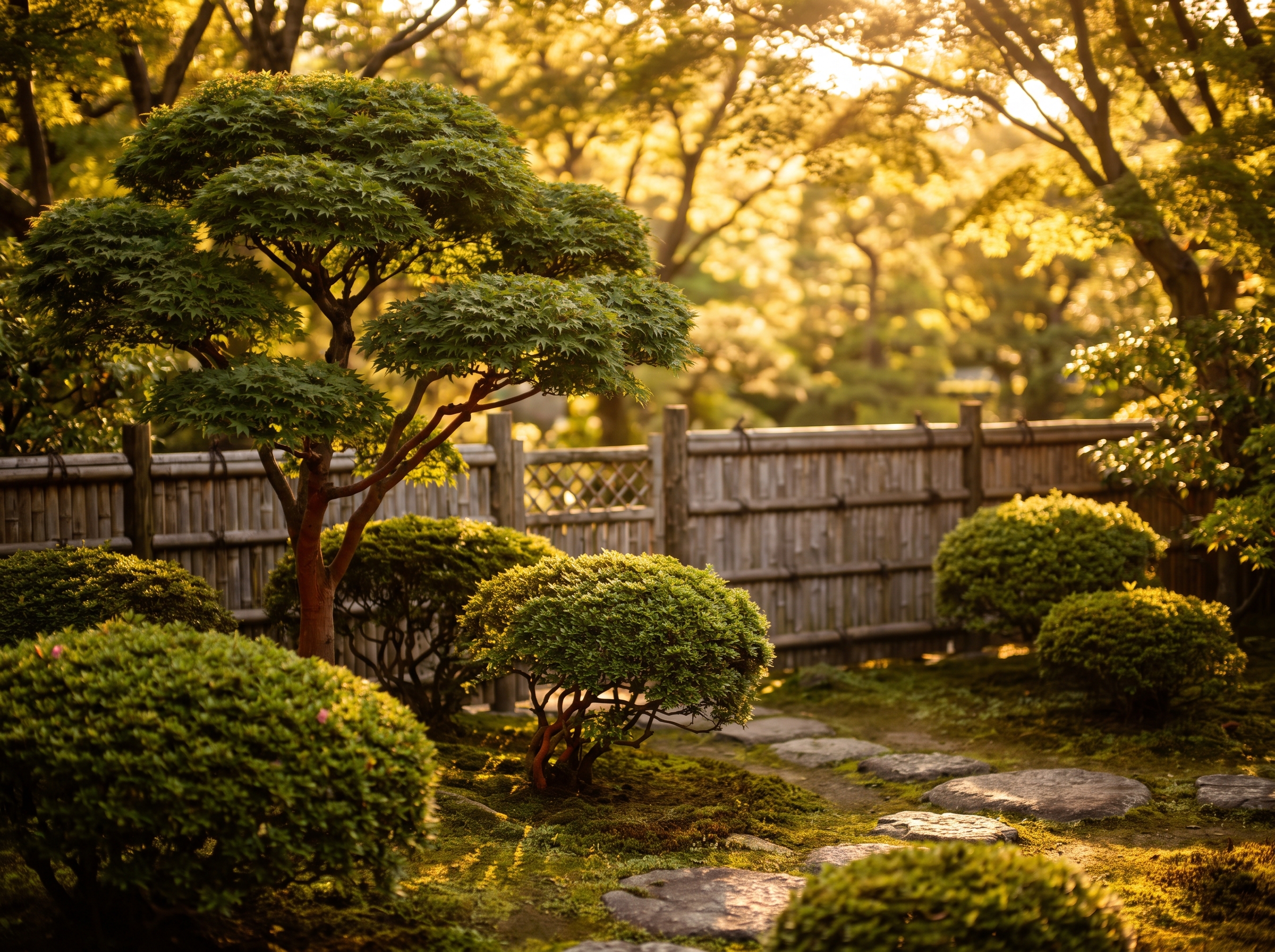 剪定され整えられた庭木と苔、飛び石が美しい和風庭園。夕方の柔らかな光が差し込んでいる。