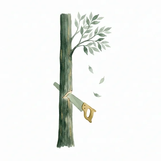 のこぎりで木を伐採する水彩イラスト